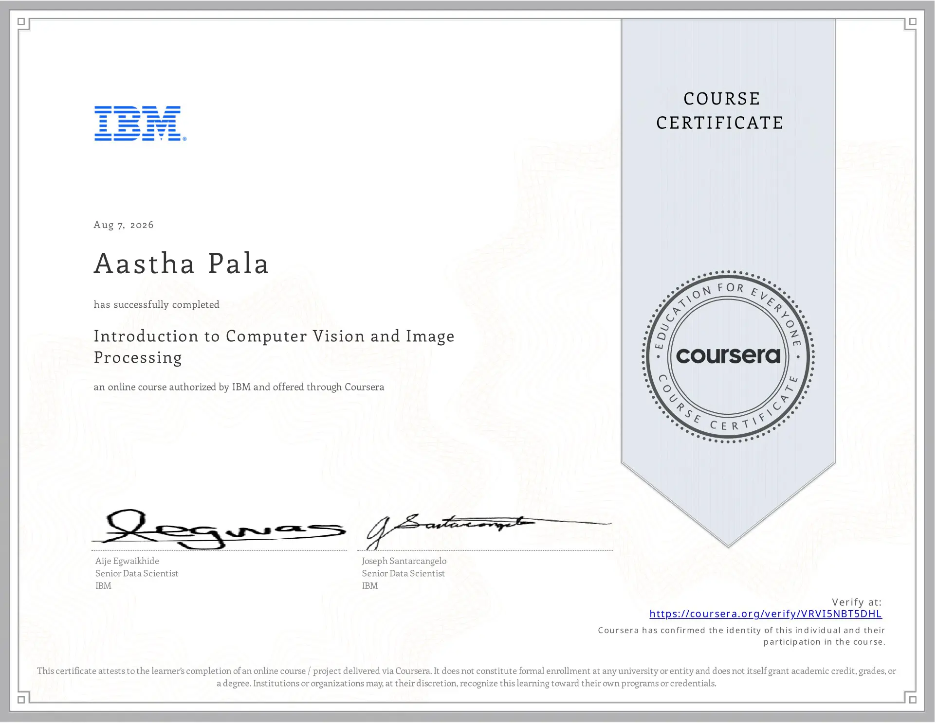Introduction to Computer Vision and Image Processing certificate