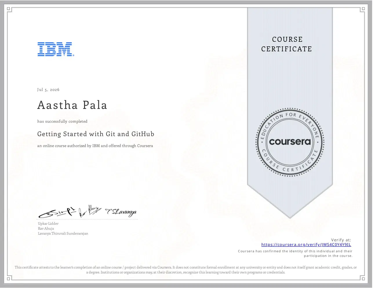 Getting Started with Git and GitHub certificate