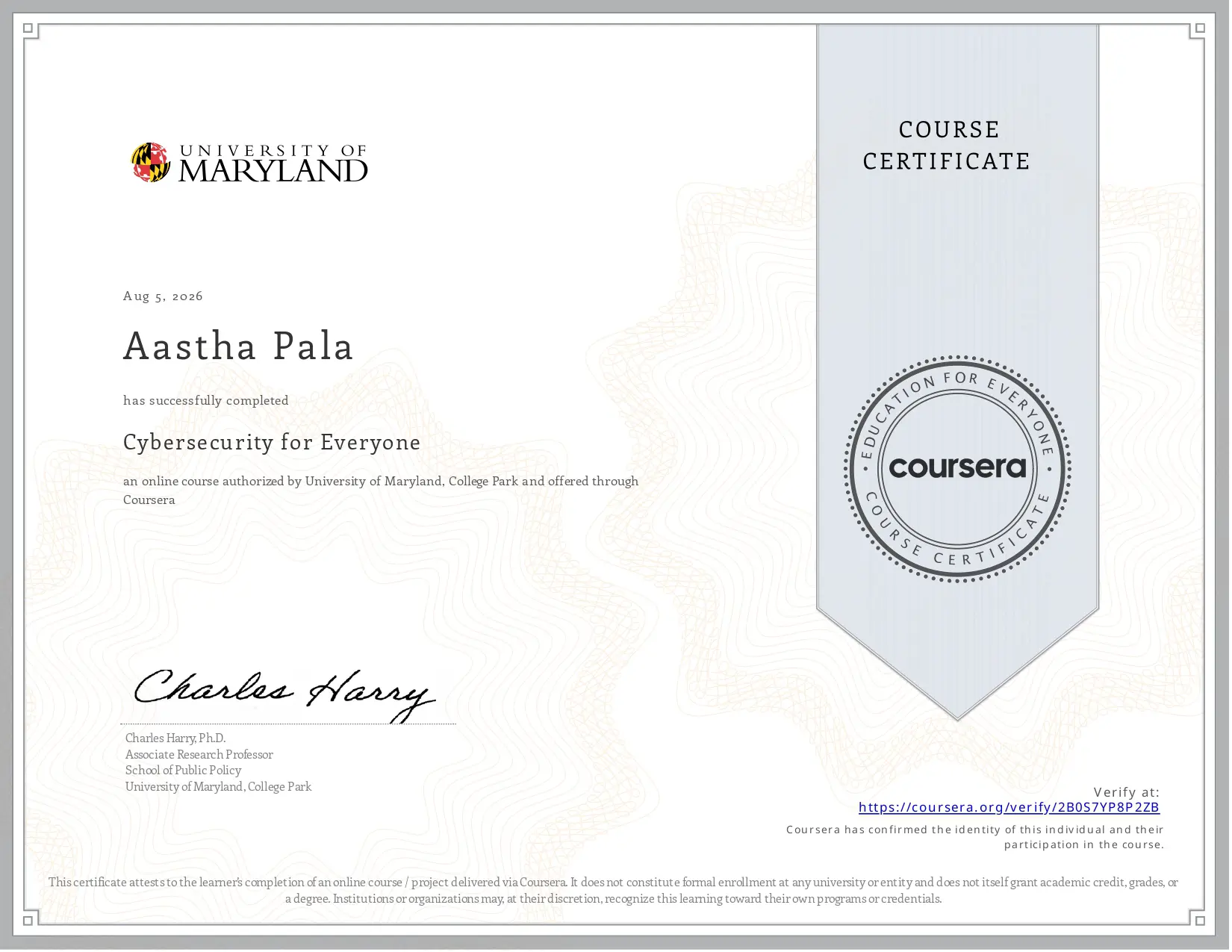 Cybersecurity for Everyone certificate